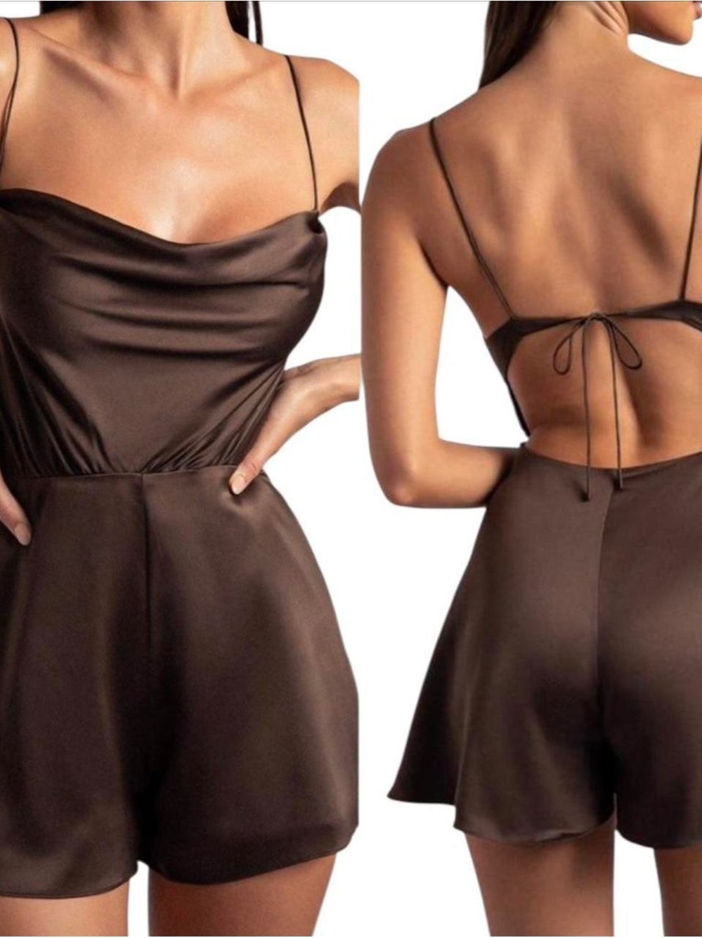 MESHKI Satin Cowl Neck Brown Romper with Open Back